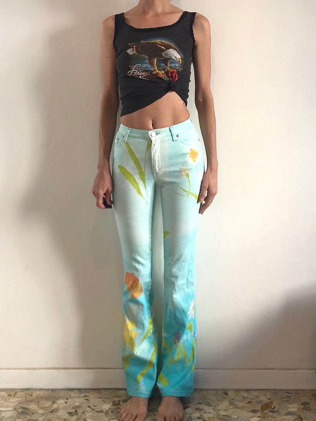 roberto cavalli 花柄デニムパンツ 90s Cavalli Sky Blue Floral Stretch Jeans Romantic Dreamy Pop