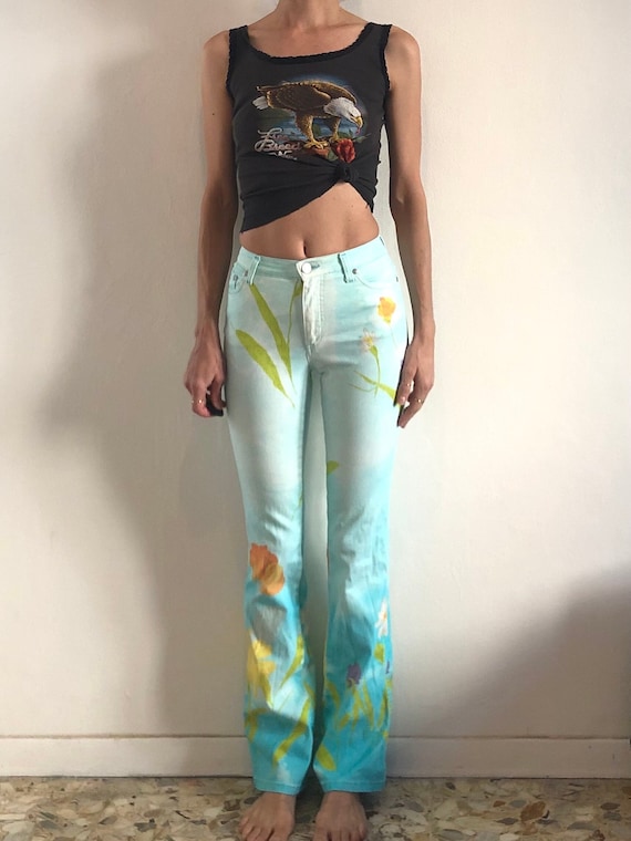 90s Cavalli Sky Blue Floral Stretch Jeans Romantic Dreamy Pop