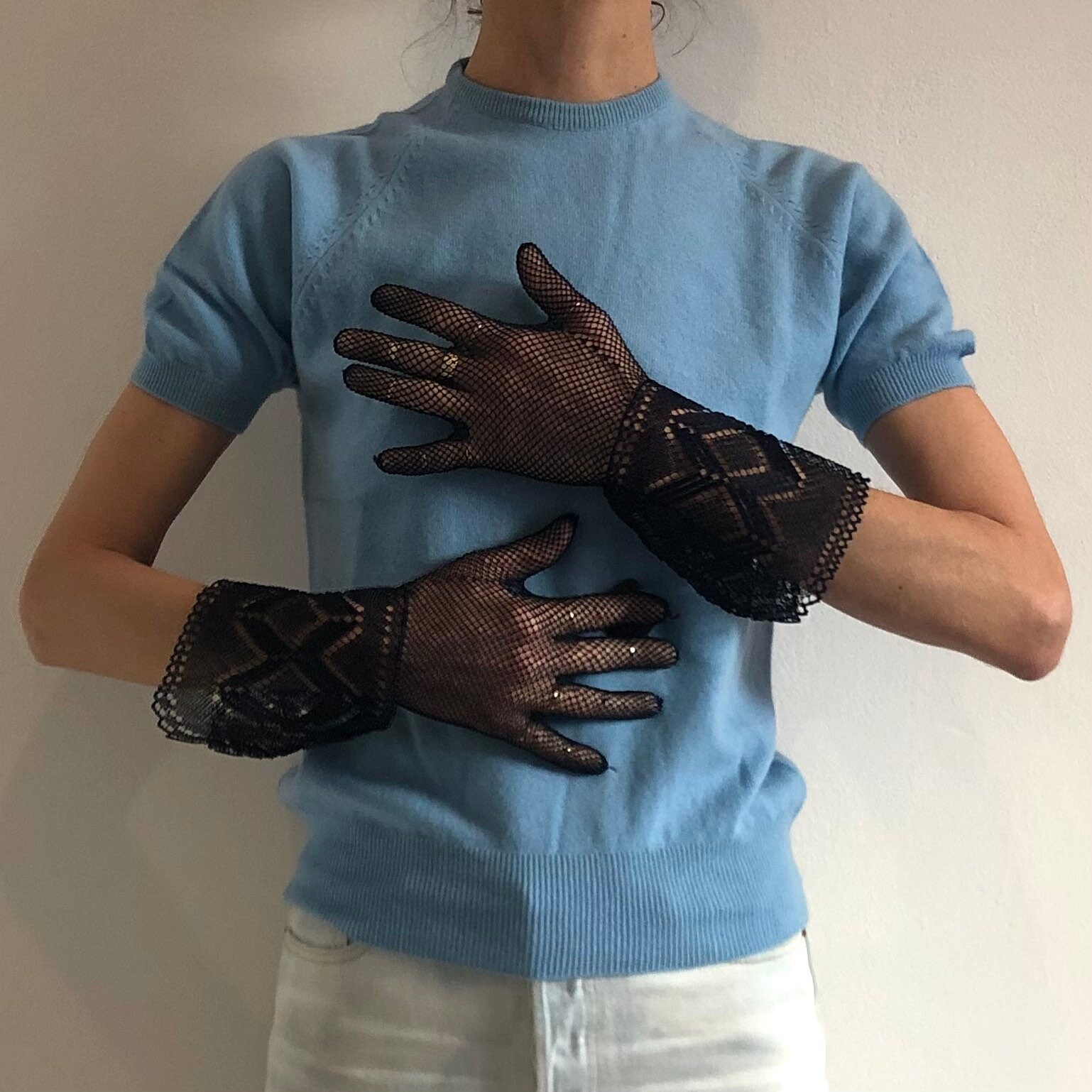 30s Crochet Dark Blue Cotton Lace Italian Hand Knit Fancy Party