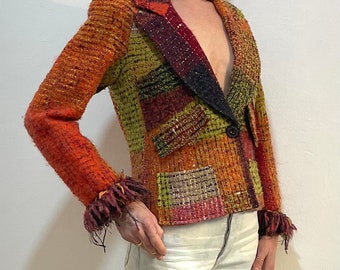 80s Christian Lacroix Tweed Twill Patchwork Jacket With Fringe