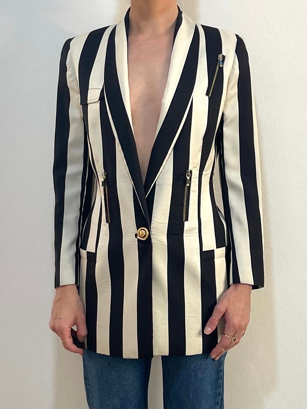 1992 Gianni Versace Couture Silk Striped Black and White 1992 Gianni Versace Couture Silk Striped Black and White