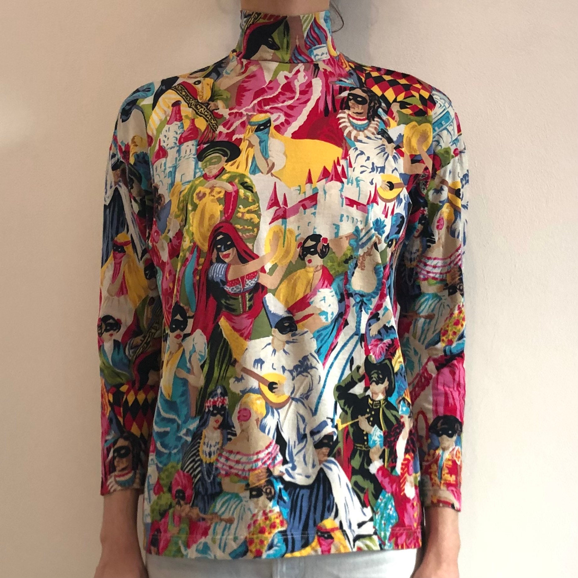 80's Kenzo Jungle Carnival Masquerade Print Cotton Jersey Long Sleeve Top