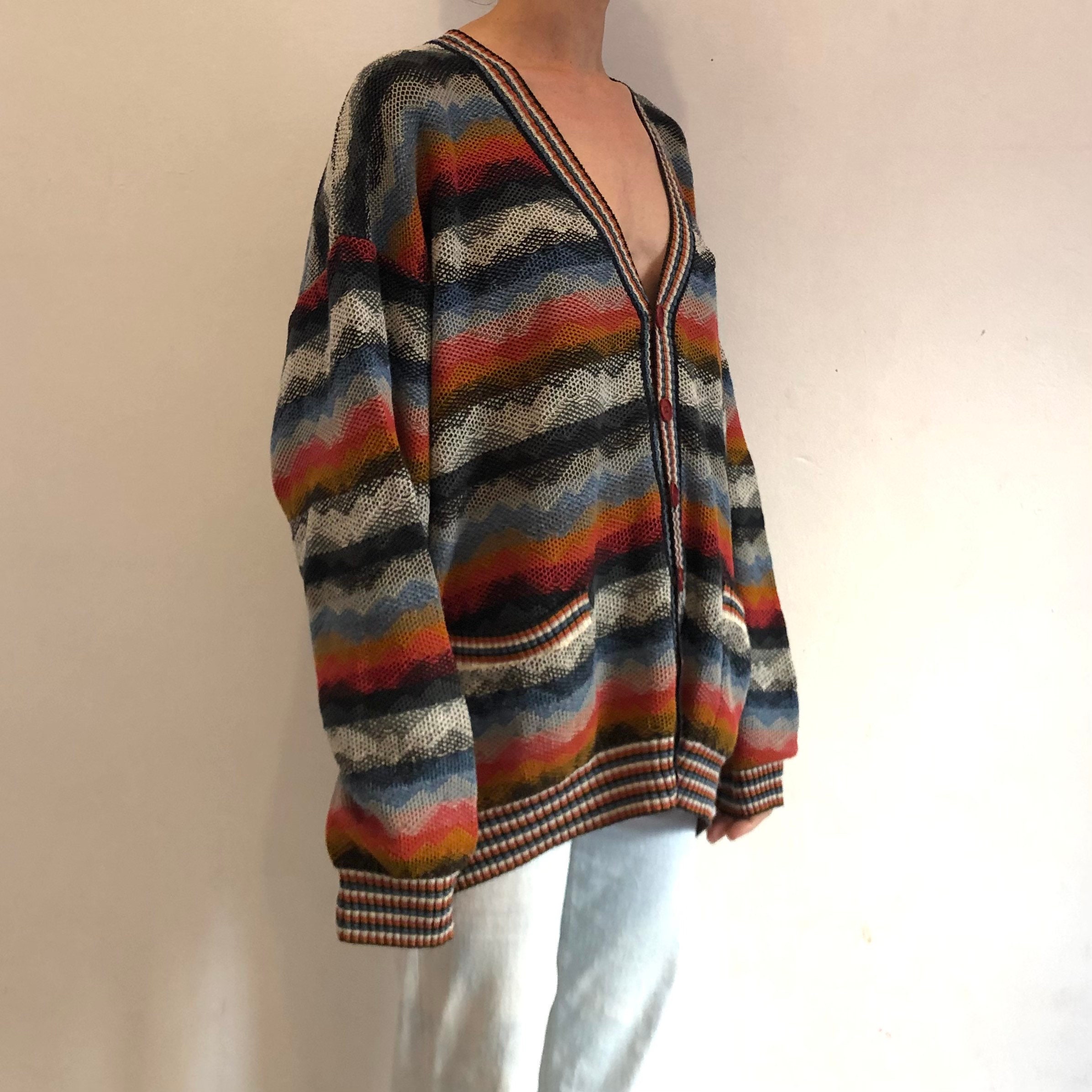 Vintage 80s Missoni Sport Cardigan: Rainbow Zig Zag Cotton Knit - Etsy