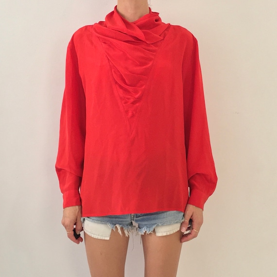 80s Red Silk Blouse Elegant Cowl Neck Oversize Dra
