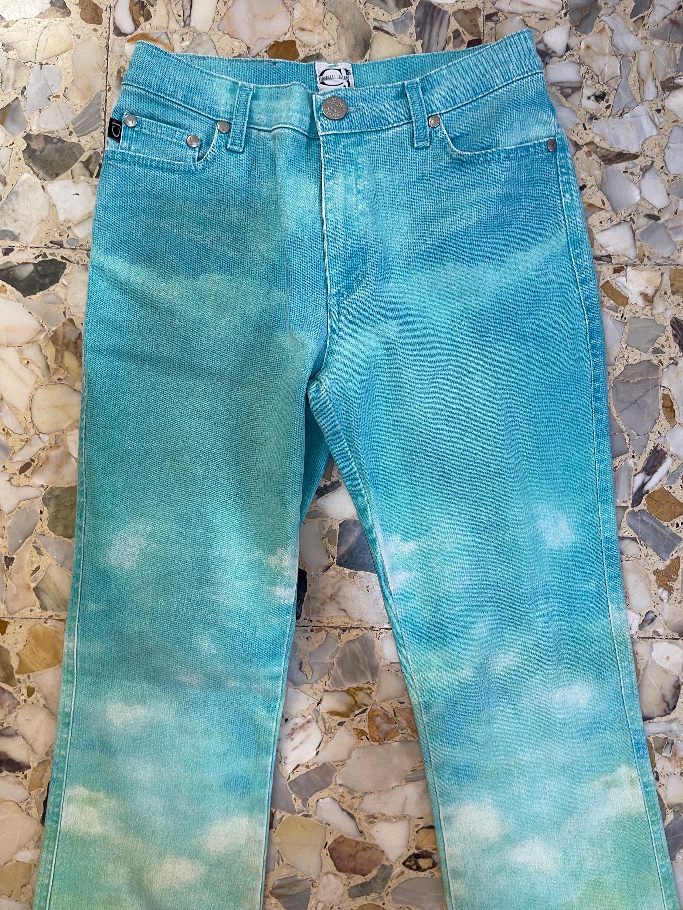 90s Cavalli Turquoise Green Yellow Ombre Tie Dye Stretch Flare Leg