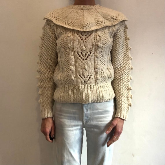 BlueBlueIndigo 80's Aran Wool Hand Knit Clown Sweater Big Collar Off White Chunky Winter Oversize