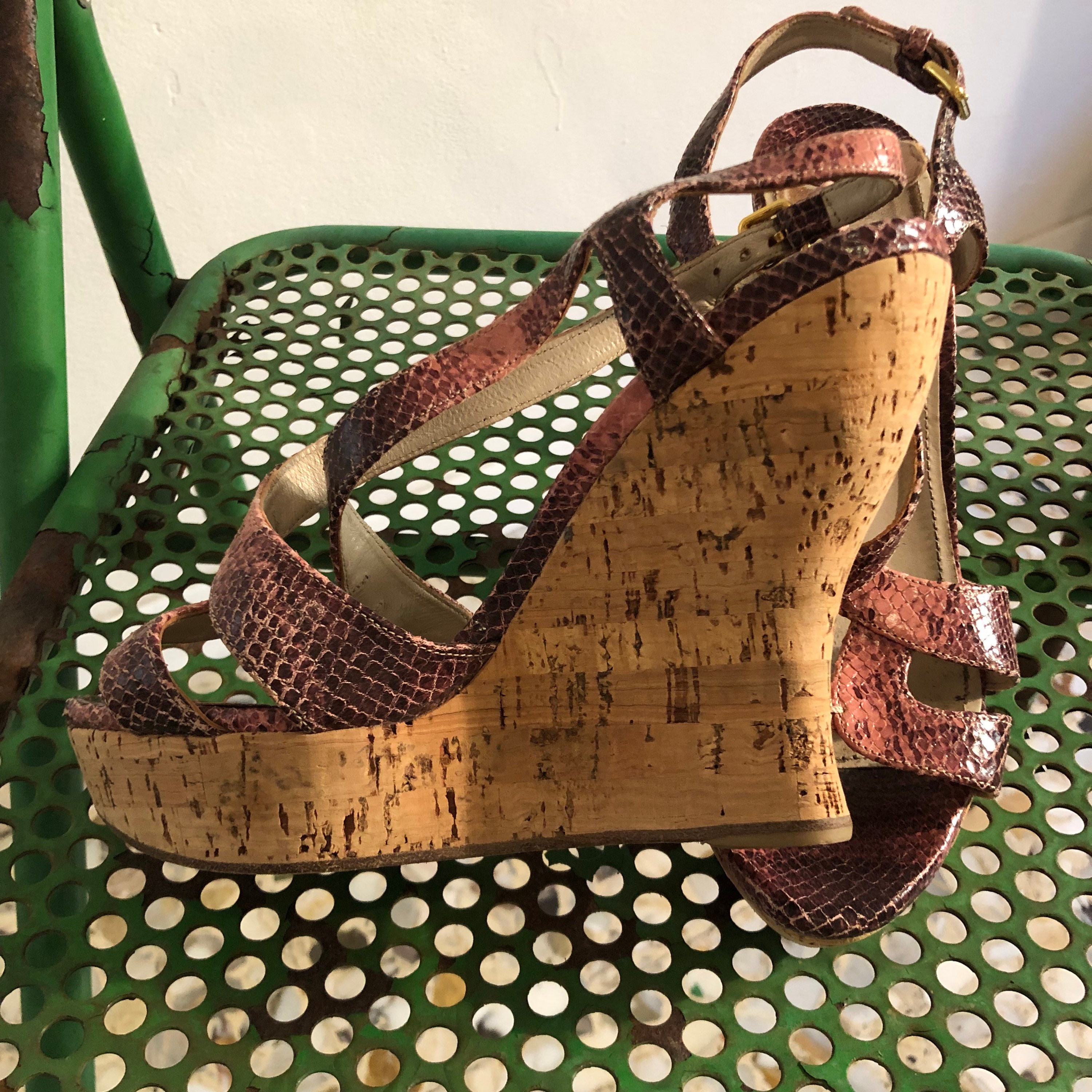 Y2K Miu Miu Cork Wedge Heel Pink Python Boho Sandle Clogs