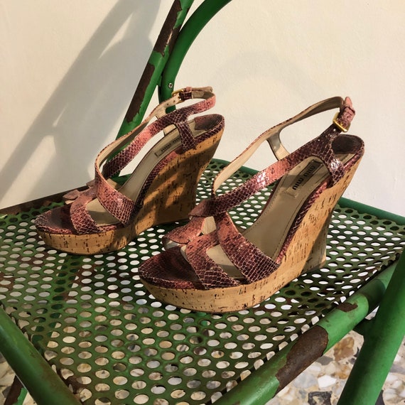 Y2K Miu Miu Cork Wedge Heel Pink Python Boho Sand… - image 8