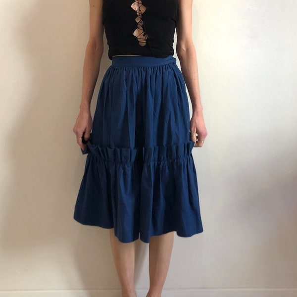 70s Saint Laurent Rive Gauche Blue Cotton Denim Work Wear Peasant Skirt XS Size