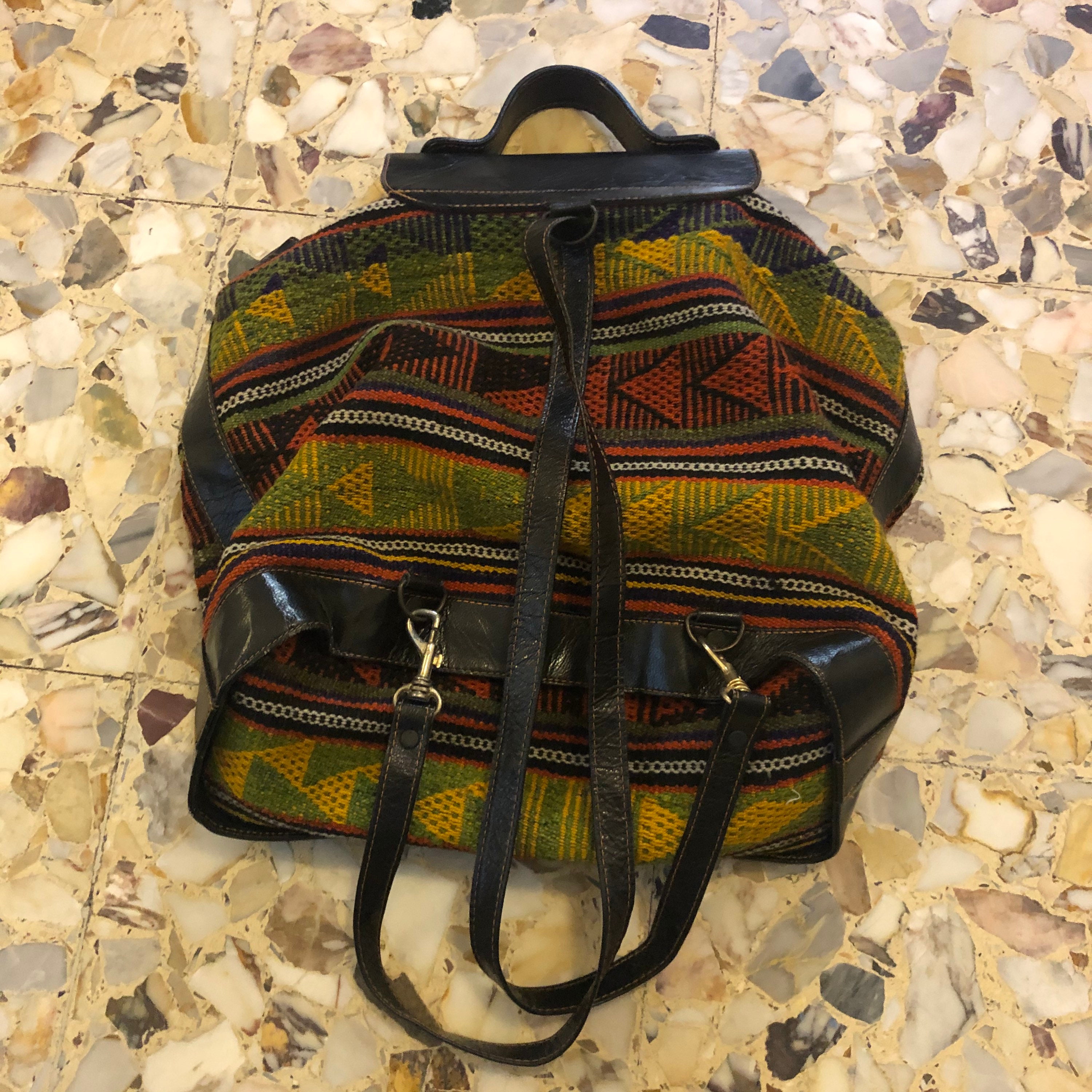 70s Tapestry Backpack Boho Vinyl Leather Festival Purse Bag  display picture 2