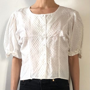 80s Cacharel Prairie Peasant Blouse White Cotton With Gathered Puff Sleeves image 4