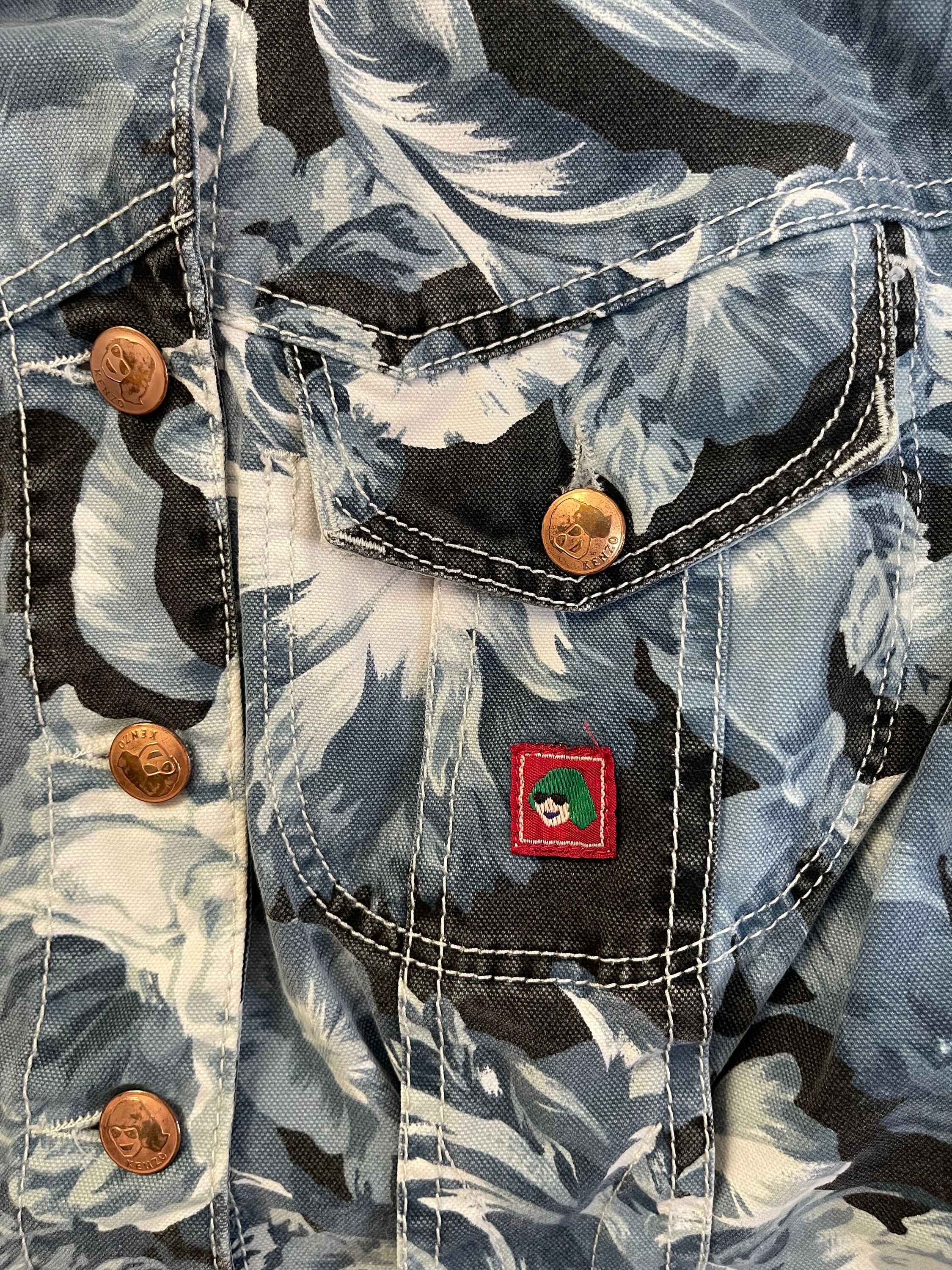 90s Kenzo Jeans Blue Floral Print Art School Denim Jacket Copper 
