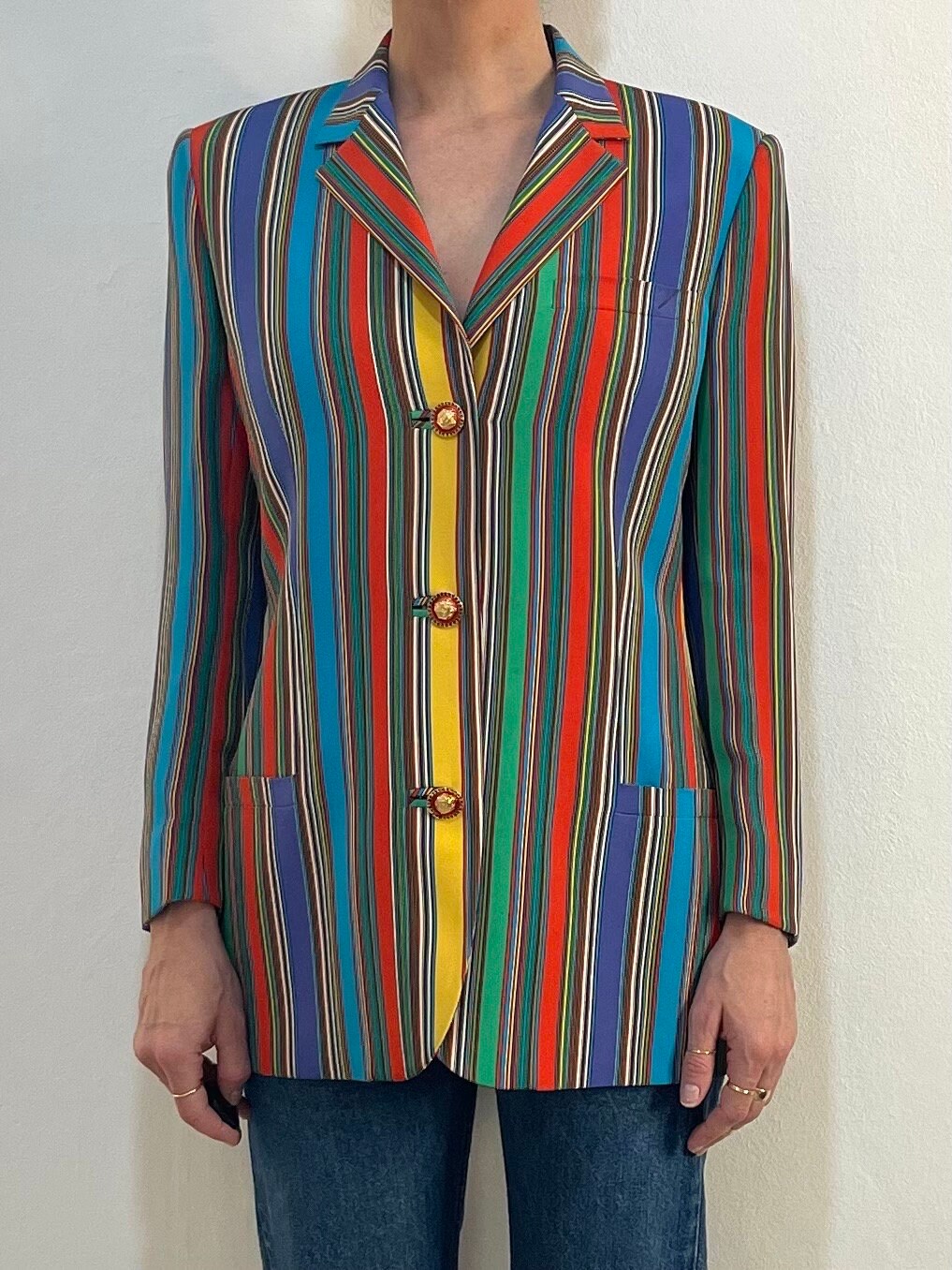 1993 Gianni Versace Couture Silk Striped Multi Color Jacket Blazer