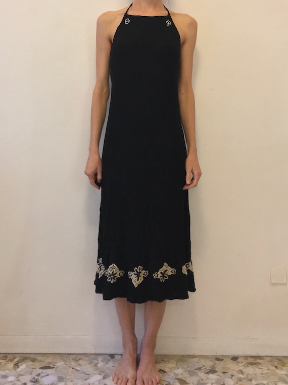 70's Indian Crinkle Cotton Halter Dress With Flora