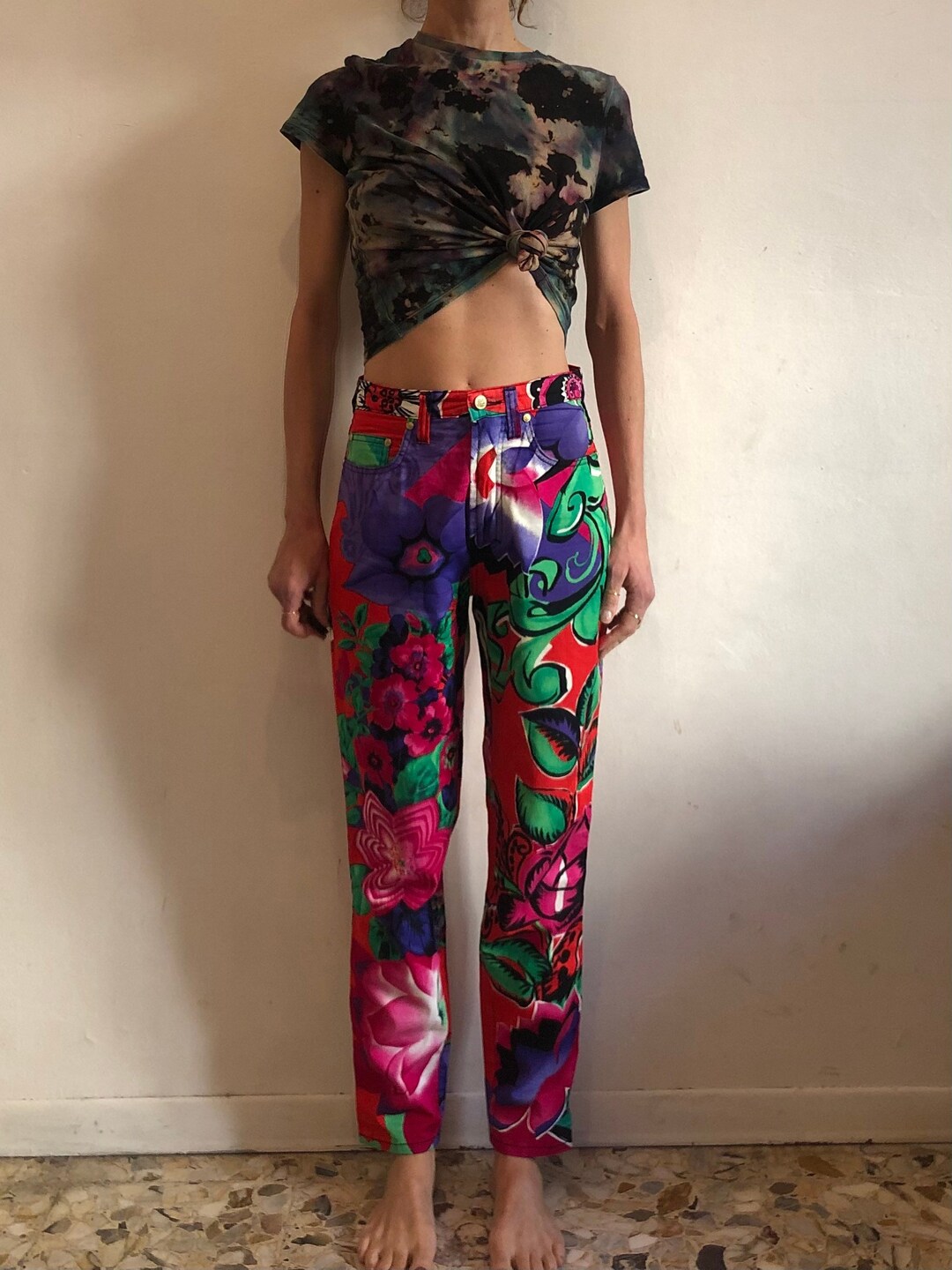 90s Versace Jeans Couture Pop Floral Print Super Model Jeans - Etsy
