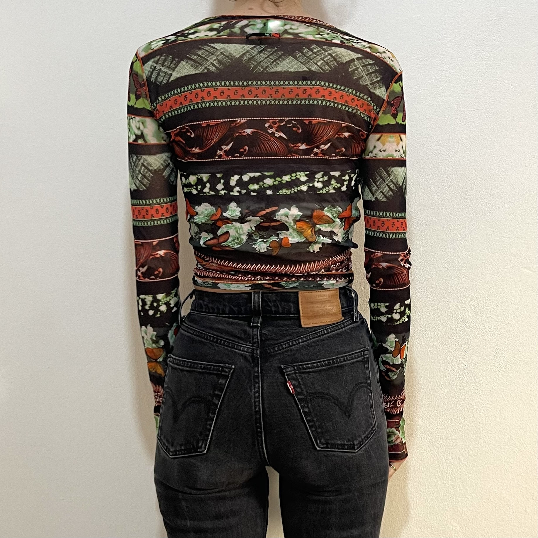 90s Jean Paul Gaultier Butterfly Print Sheer Mesh Wrap Crop