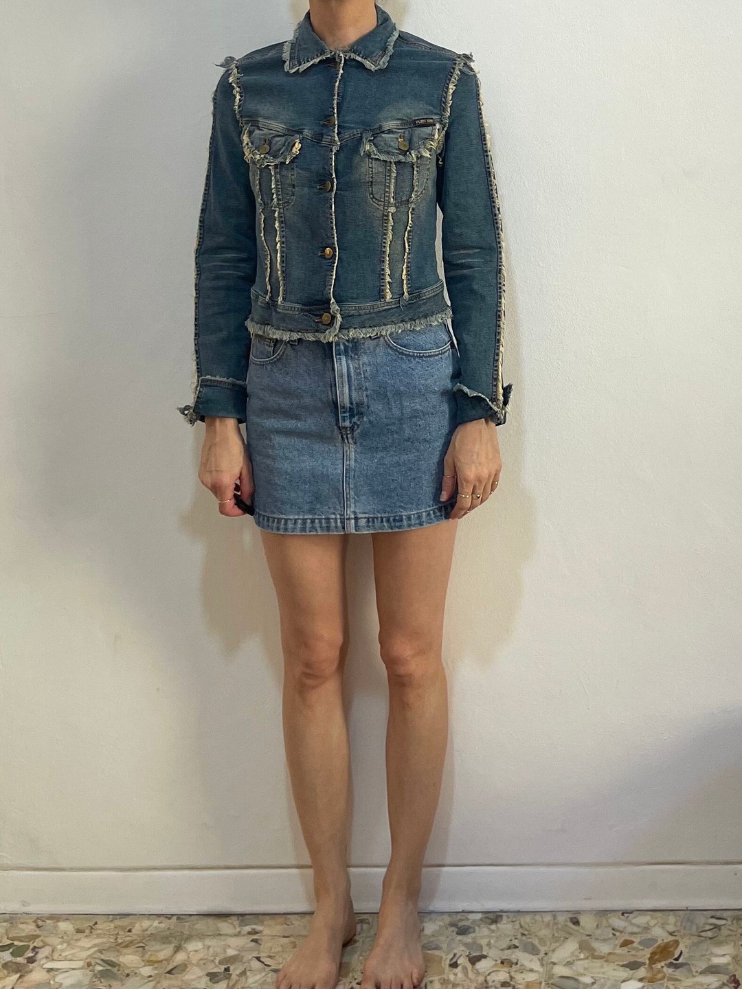 人気ブランドバ40代 Y2K Plein Sud Stretch Denim Raw Fringe Vintage Cropped Jean ジャケット・アウター