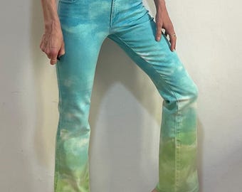 90s Cavalli Turquoise Green Yellow Ombre Tie Dye Stretch Flare Leg