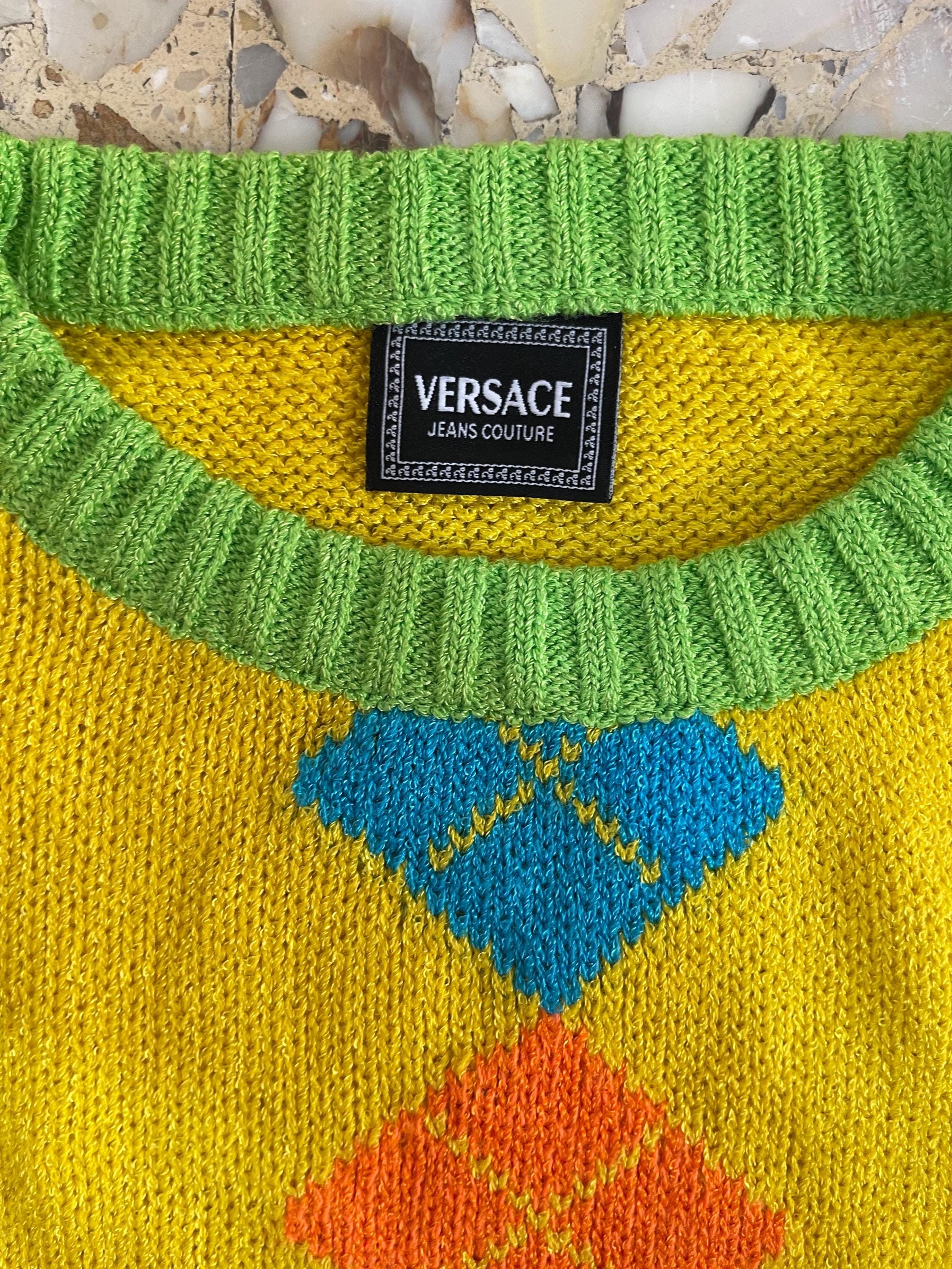 90s Versace Jeans Couture Yellow Argyle Knit Preppy Clueless