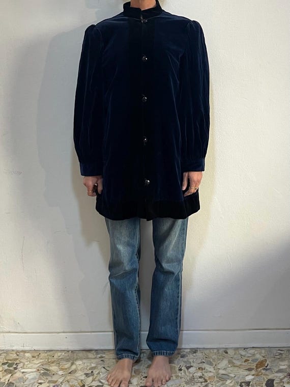 70s Saint Laurent Rive Gauche バルマカーンコート 70s Saint Laurent Rive Gauche Blue and Black Velvet Puff Sleeve