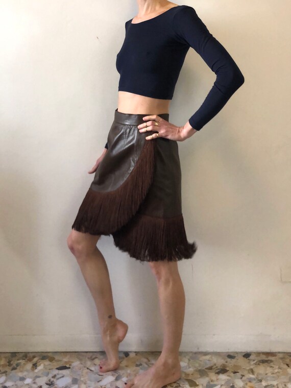 1980s high waist vintage leather mini skirt 80s 90s vintage brown boho womens XS 2 usa 24