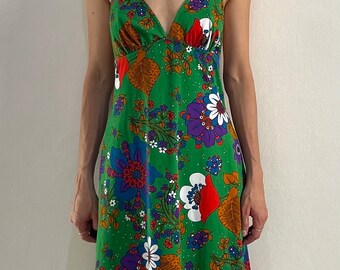 70s Floral Psychedelic Poly Halter Mini Dress Poly Jersey - Etsy