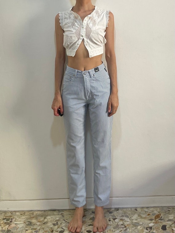 90s Versace Jeans Couture Blue And White Stripe Super Model Jeans