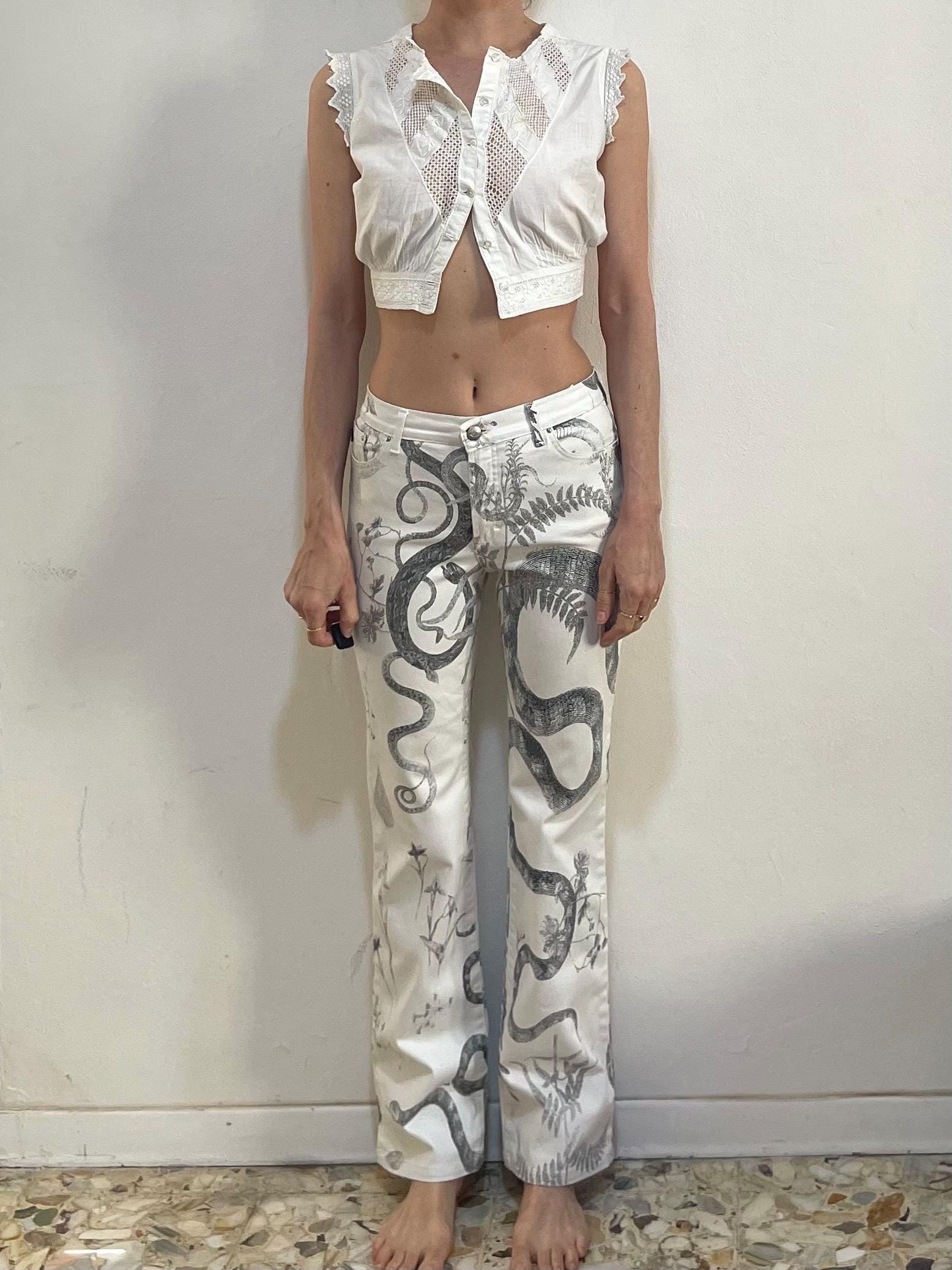 Y2K Roberto Cavalli Illustrated Snake Print Stretch Jeans Flare