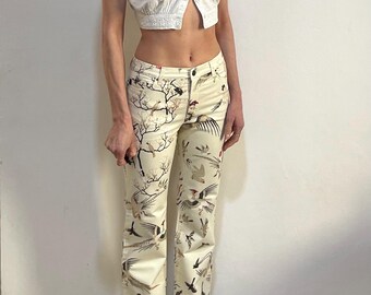 Y2K Cavalli Asian Cranes Birds Print Gold Sparkle Euro Trash