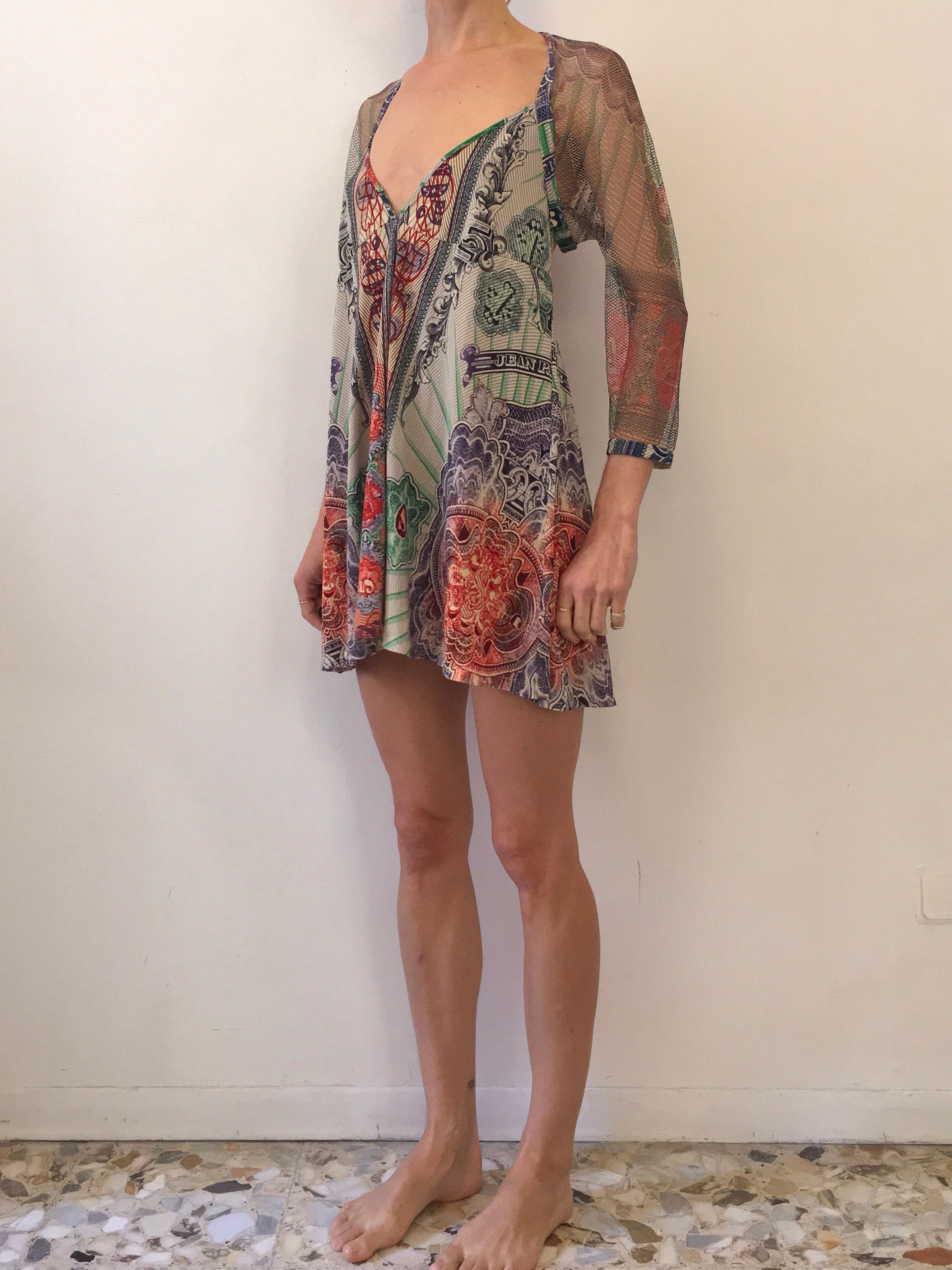 90s Jean Paul Gaultier Money Currency Print Open Back Mesh Club