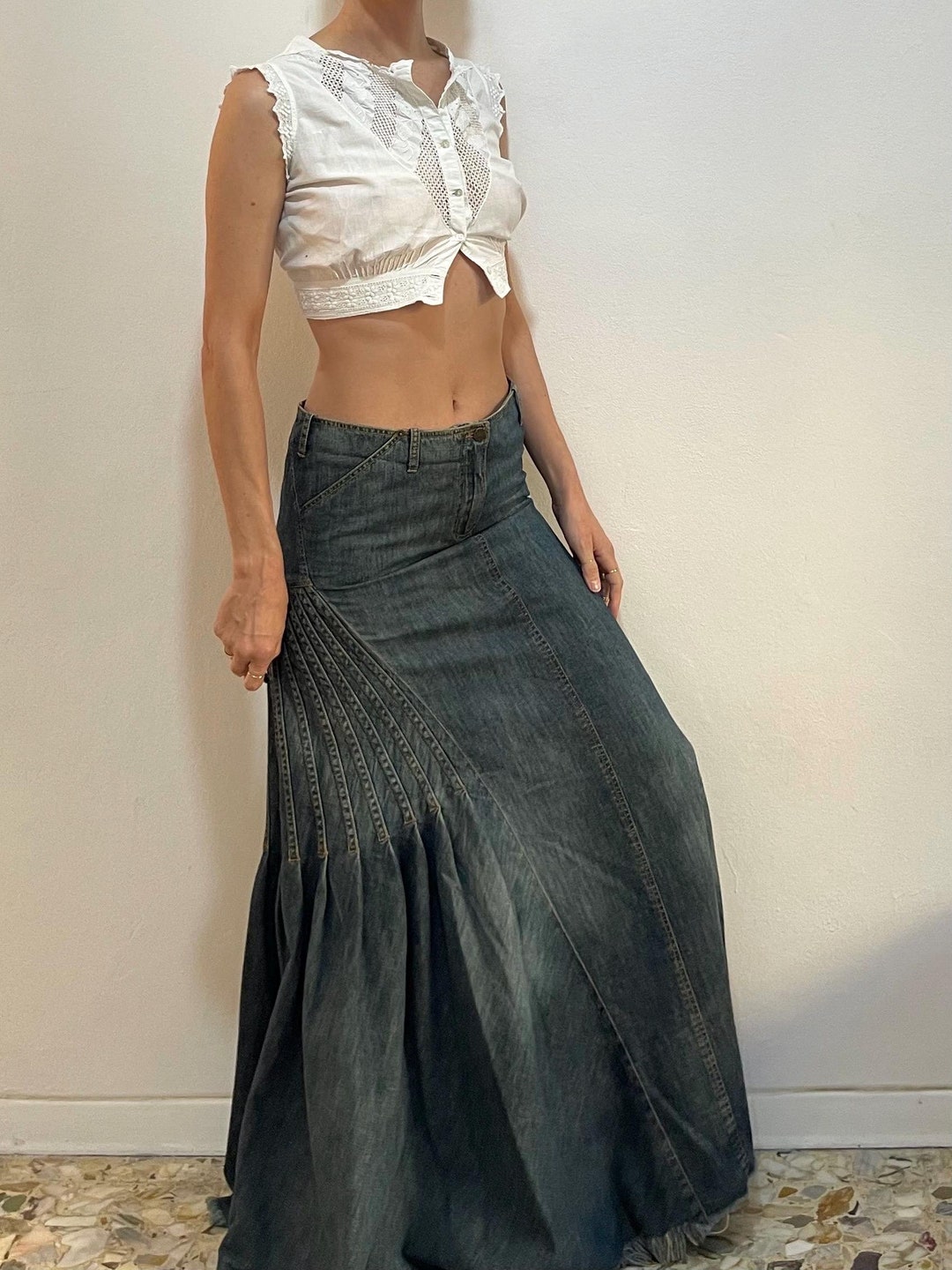 Y2K Plein Sud Raw Denim Jeans Pleated Maxi Skirt Club Kid Mermaid - Etsy