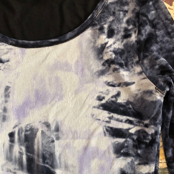 90s Vivienne Tam Abstract White and Blue Sheer Stretch Mesh T