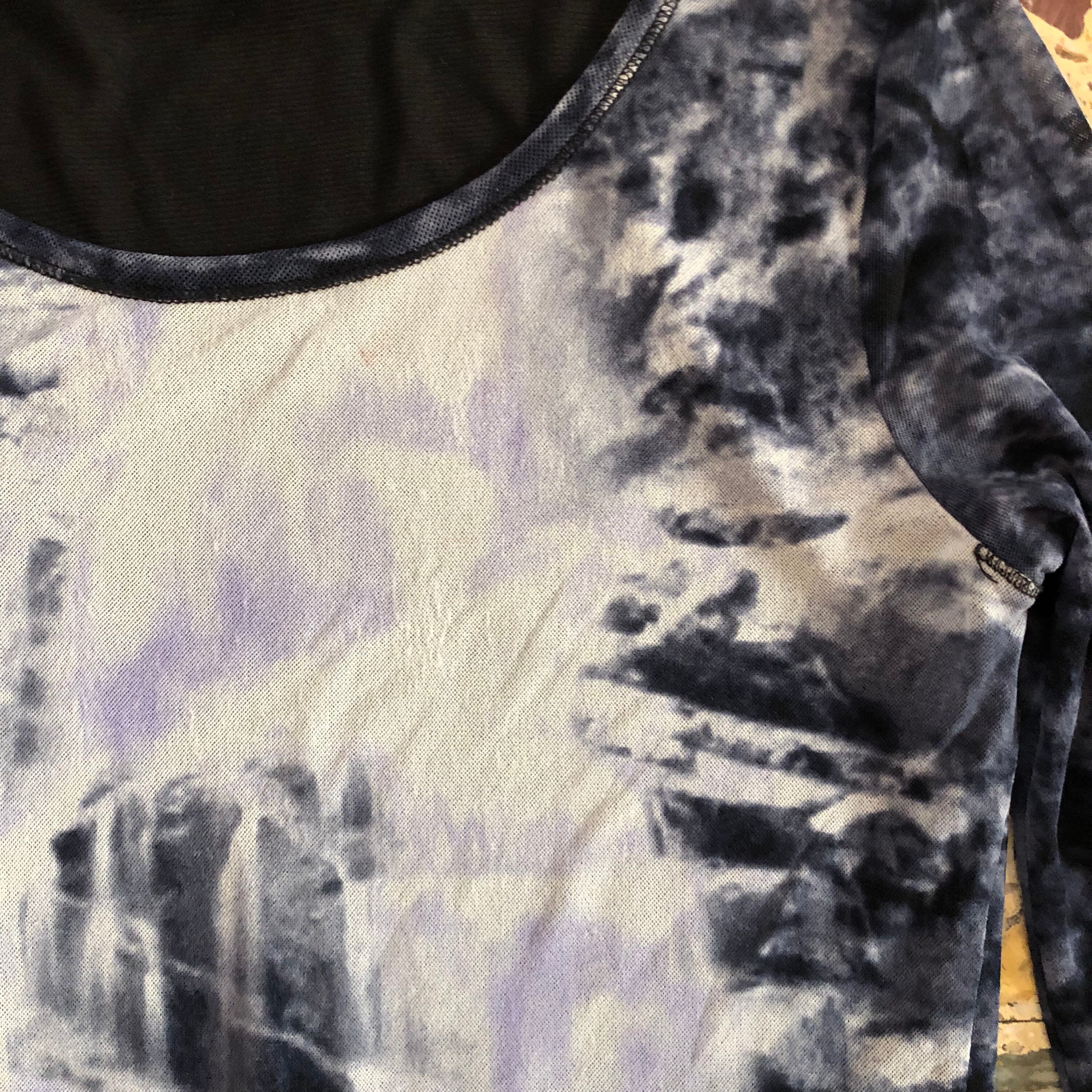 90s Vivienne Tam Abstract White and Blue Sheer Stretch Mesh T