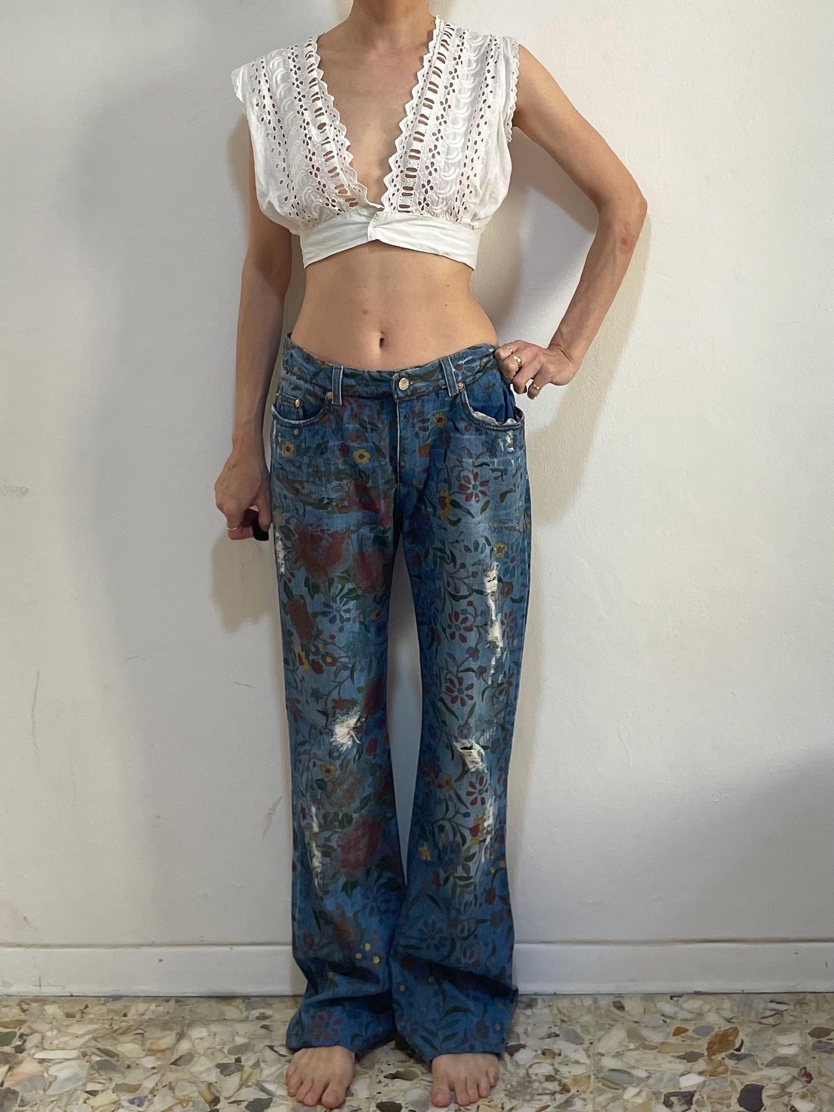90s Roberto Cavalli Tapestry Print Jeans With Gold Sparkle Size