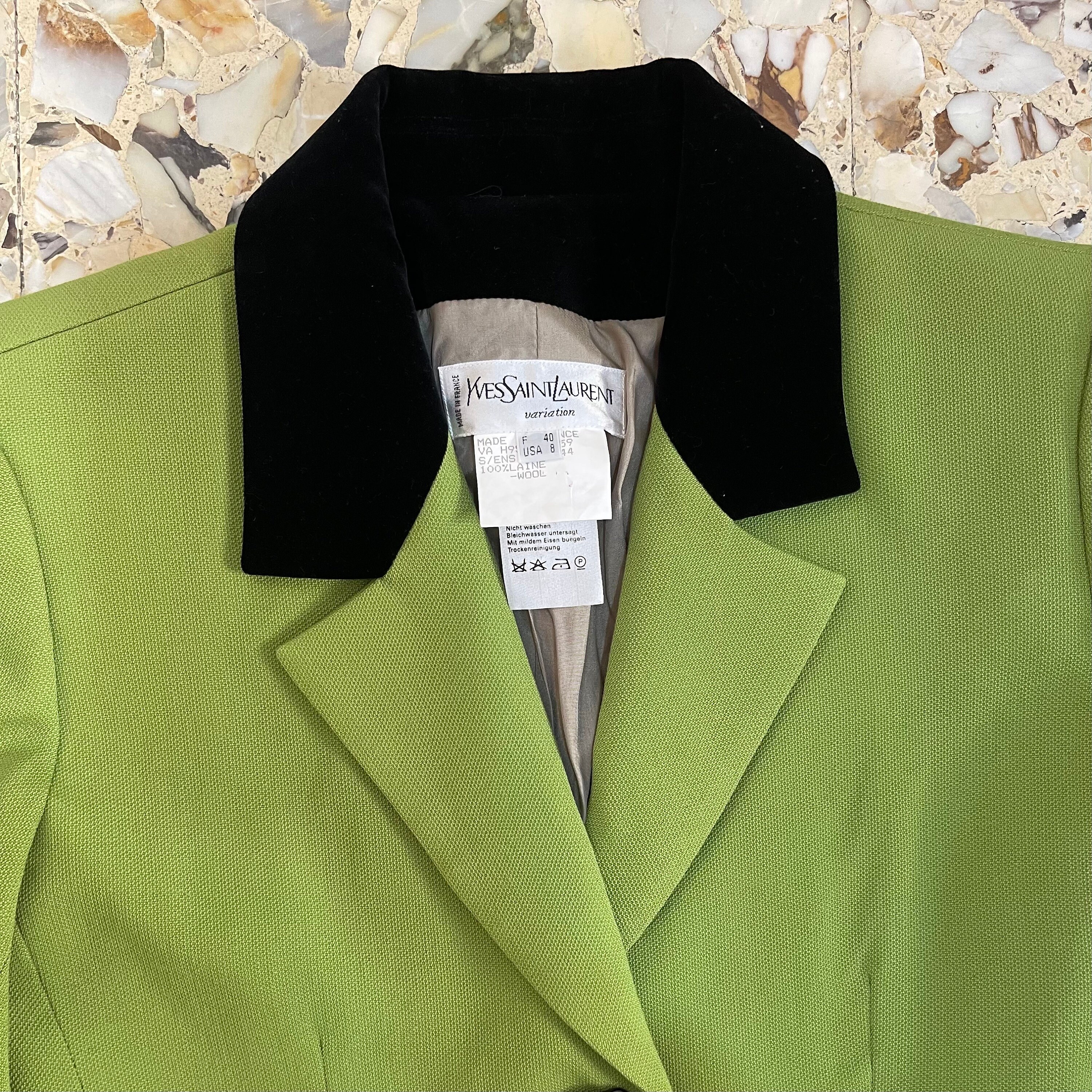 80s Yves Saint Laurent Wool Jacket Pea Green With Velvet Collar - Etsy