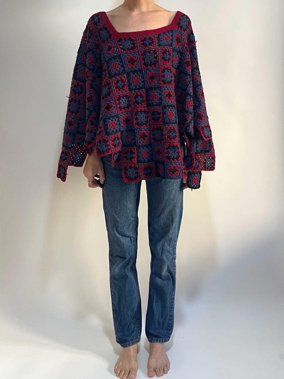 70s Granny Square Hand Knit Patchwork Poncho Summ… - image 2
