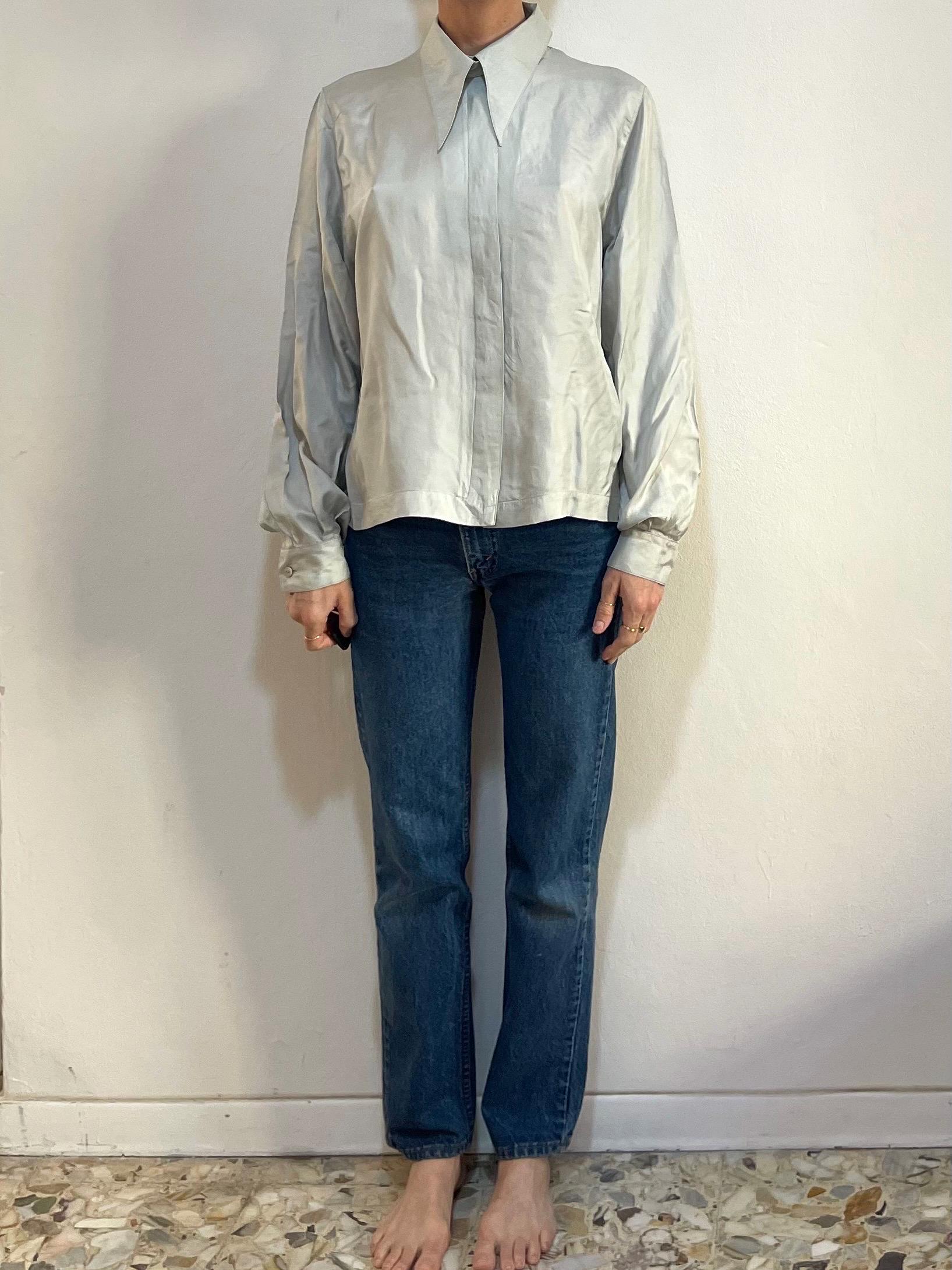 90s Claude Montana Pale Blue Silk Twill Minimalist Shirt With
