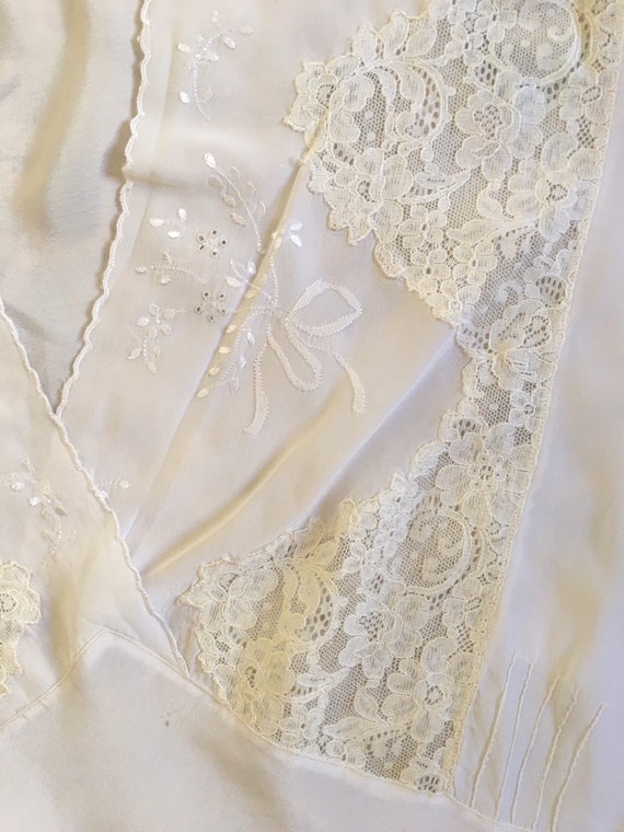30s Bias Cut White Silk Slip Hand Embroidered Lac… - image 7