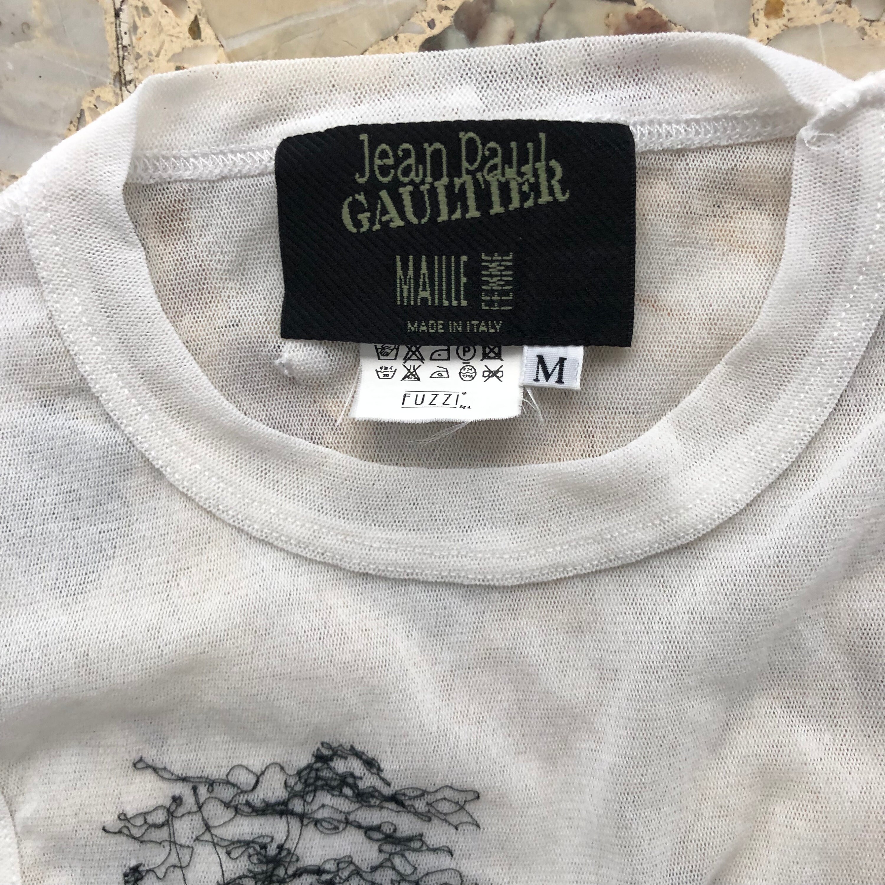 90s Jean Paul Gaultier Embroidered Silk Applique Face Sheer