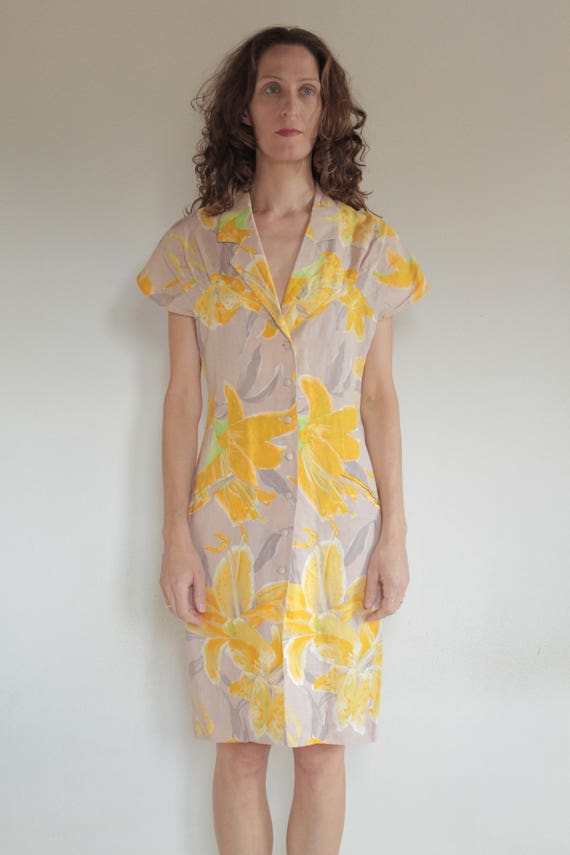 80's like 40's linen summer tropical wiggle dress