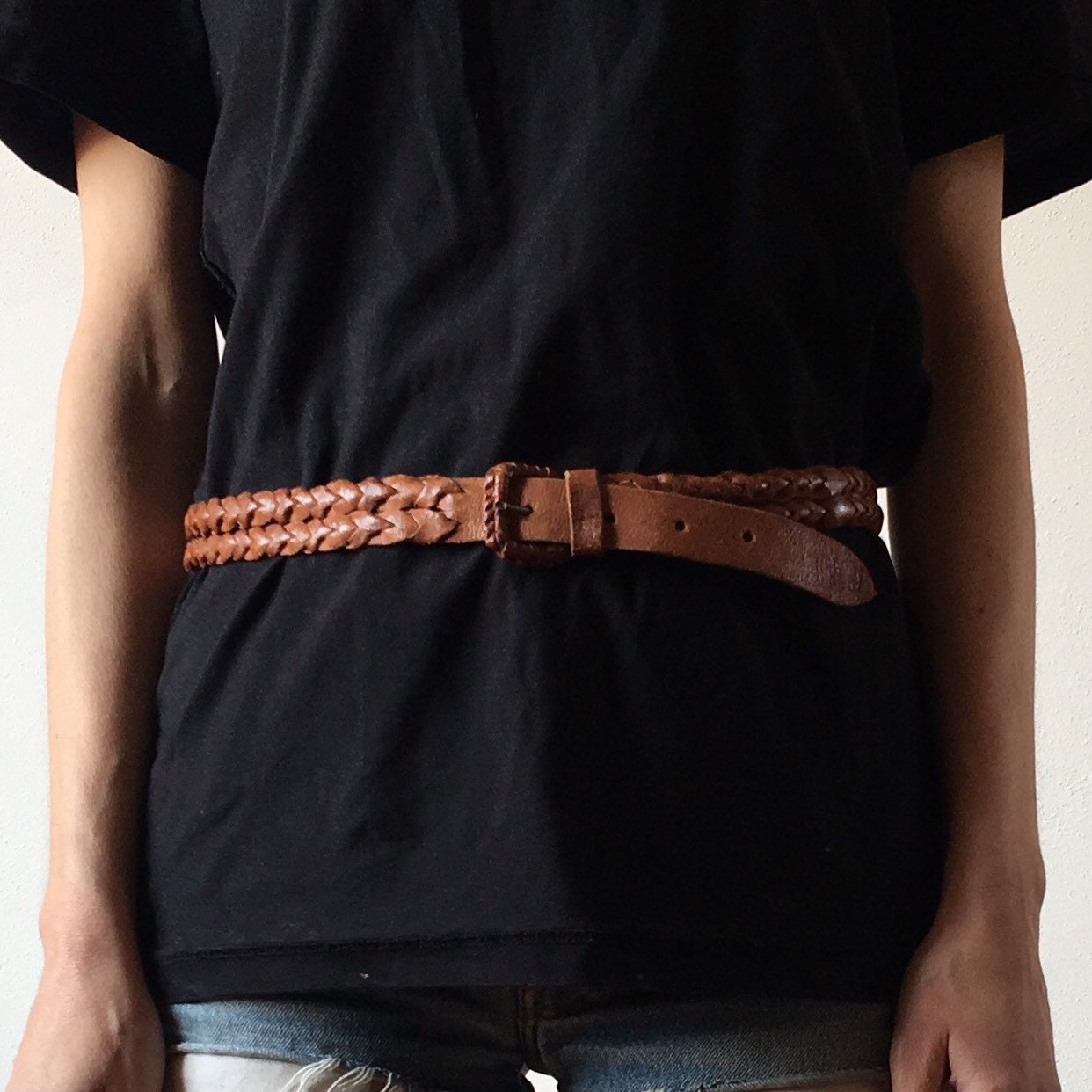 70s Boho Brown Leather Double Braided Woven Belt - Etsy display picture 2