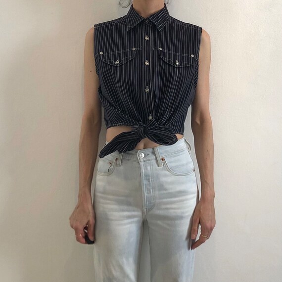 90s Versace Jeans Couture Tie Front Crop Top Black and White Pin 