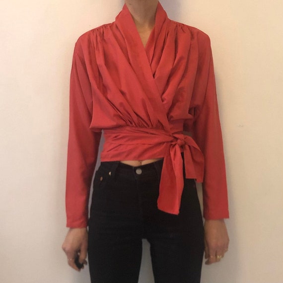 80s Kenzo Lobster Red Silk Sophisticated Wrap Blou