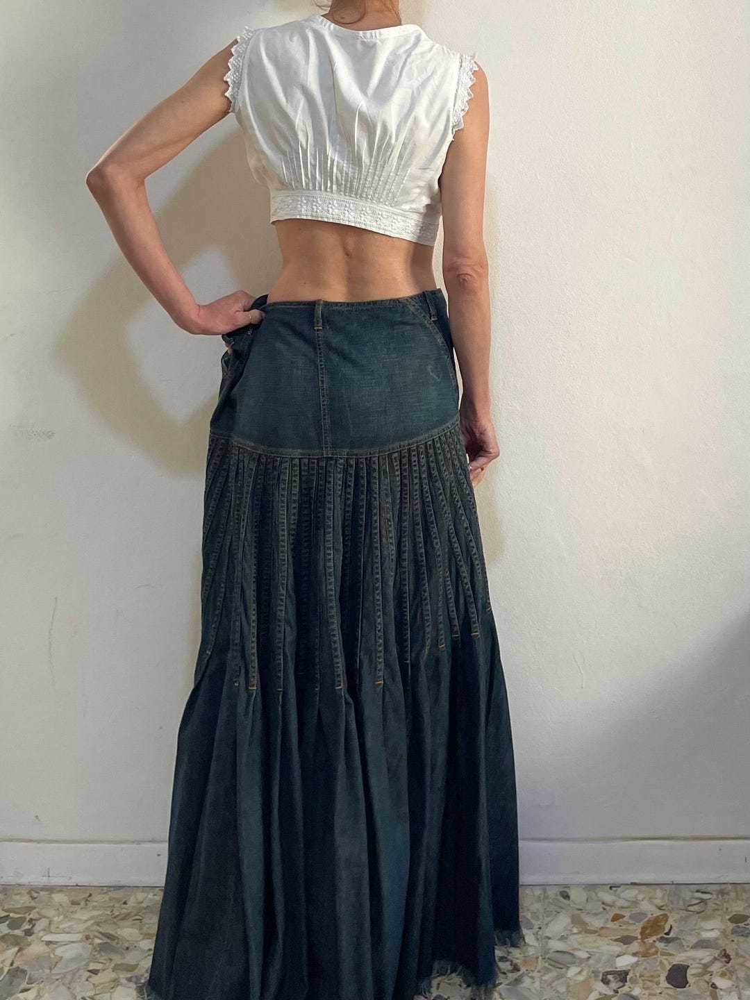 Y2K Plein Sud Denim Maxi Mermaid Skirt Pleated Raw Hem Large Size