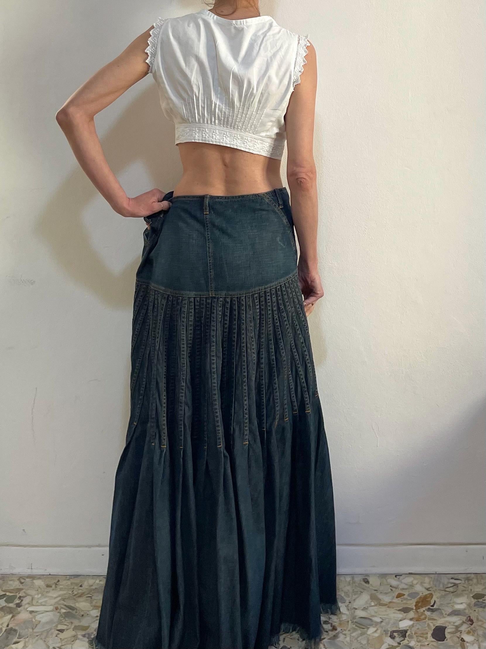Y2K Plein Sud Denim Maxi Mermaid Skirt Pleated Raw Hem Large Size