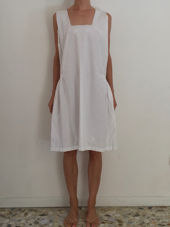 30's White Cotton Boho Slip Dress With Delicate Ha