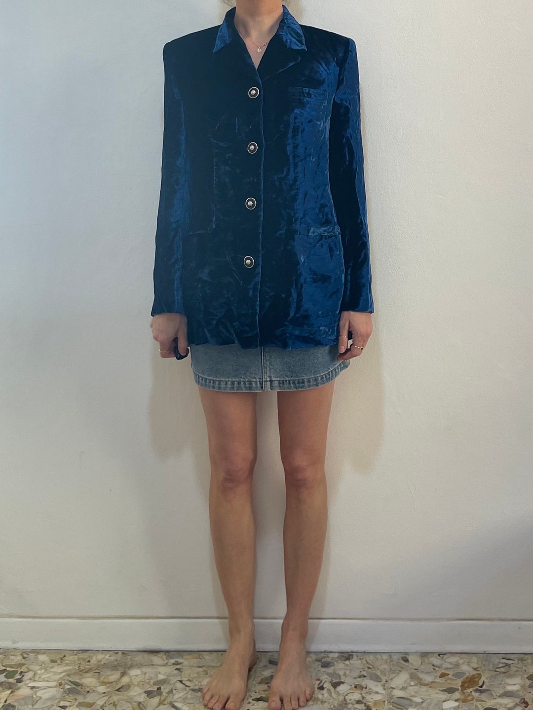 Buy 90s Versace Versus Royal Blue Crushed Velvet Power Jacket With Maxi  Silver Medusa Buttons Online in India