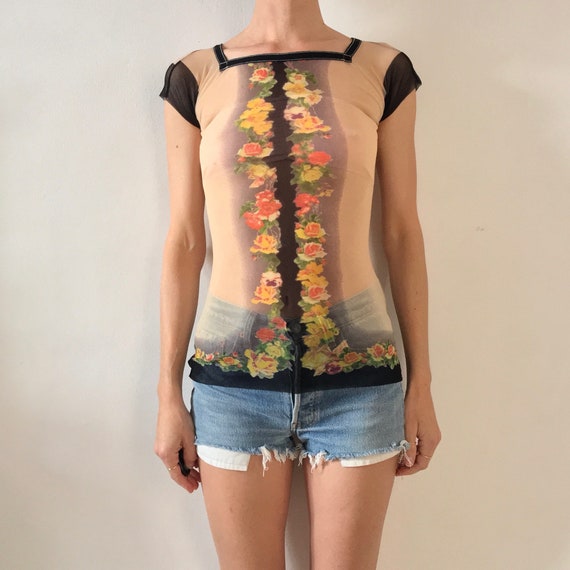 90s Jean Paul Gaultier Floral Sheer Tunic Club Ki… - image 1