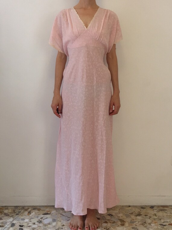 30s Bias Cut Pink Floral Romantic Applique Slip Dr