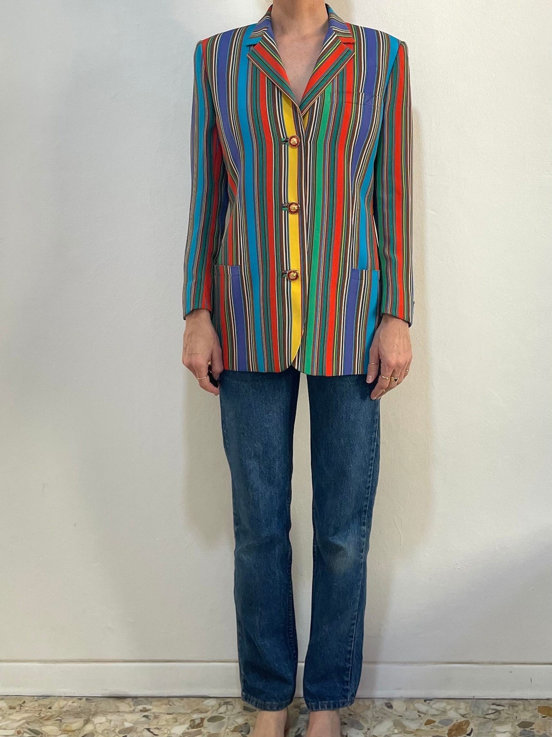 1993 Gianni Versace Couture Silk Striped Multi Color Jacket Blazer